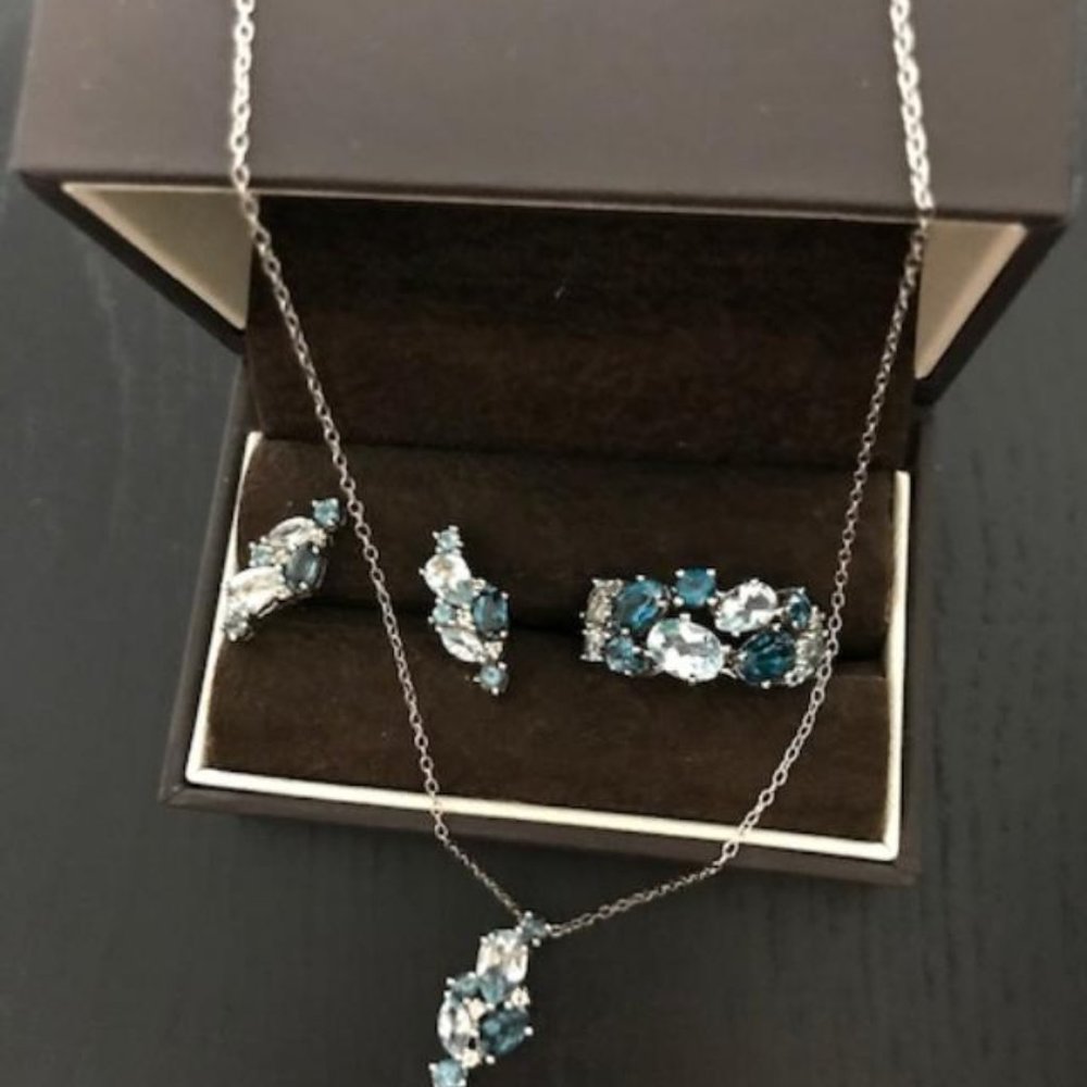 Sterling Silver London Blue, Blue, and White Topaz Cluster set of 3items